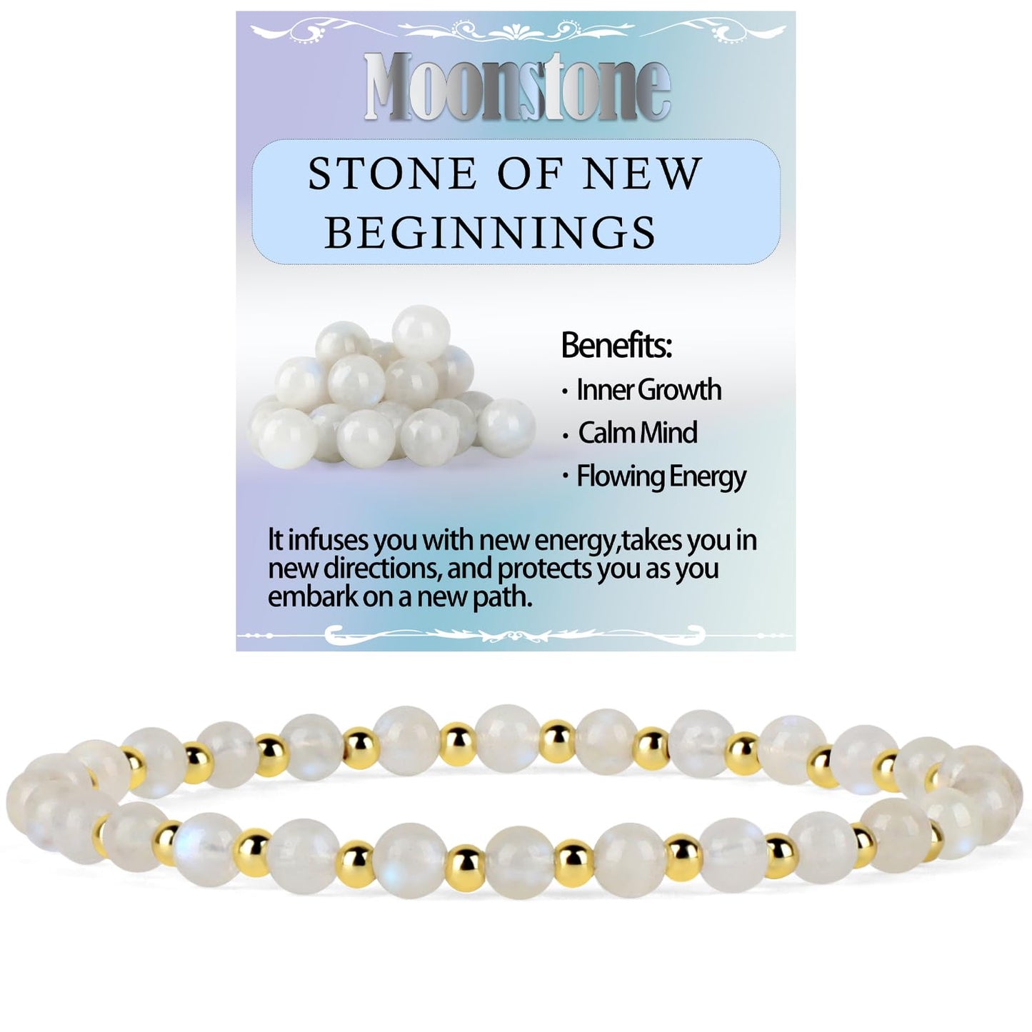 QOGIR Moonstone - New Beginnings - 14K Gold Plated Beads Natural Gemstone Stretch Elastic Dainty Healing Beaded Bracelets Gifts 4mm
