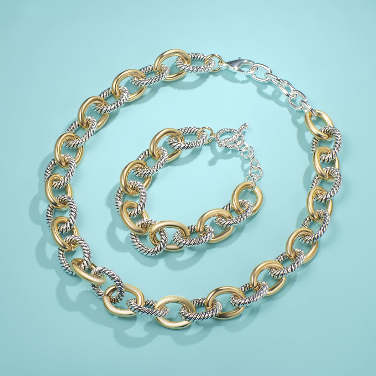 UNY JEWEL Bold Statement Cable Link Bracelet Oversized Round Two Tone Twisted Wire Chain Designer Inspired Fashion Jewelry for Women (Bold Statement Two Tone)