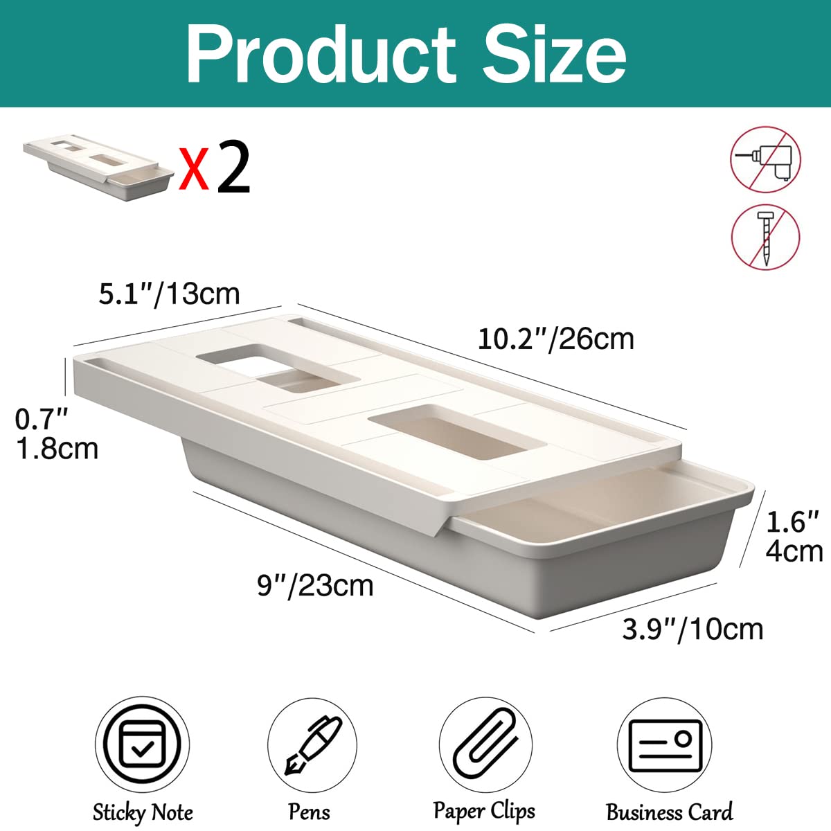 SVNNELP 2Pack Under Table Desk Drawer Storage Organizer Slide Out, Hidden Self-Adhesive Under Desktop Pencil Tray Drawer for Office,Classroom,Kitchen(S/white）