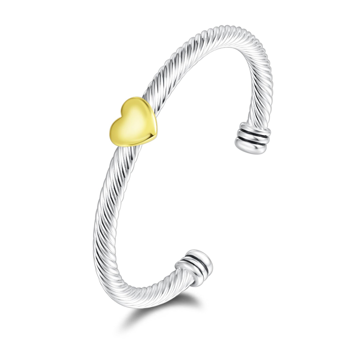 UNY JEWEL Jewelry Two Tone Single Heart Station Twisted Cable Wire Look Alike Cuff Bangle Bracelet Makes a Stylish