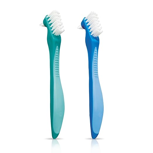 GUM Denture Brush - Dual Headed Hard Bristle Toothbrush for Dentures & Acrylic Retainers - Dentist Recommended Denture Cleaner (Pack of 2)