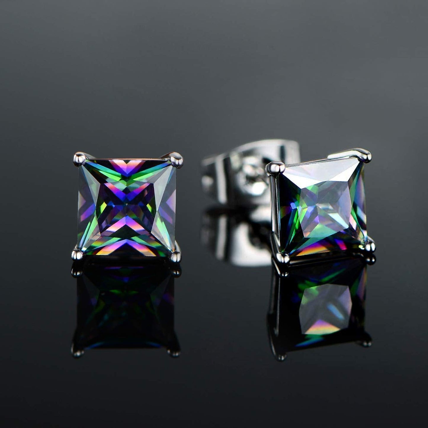 Rainbow Quartz CZ Studs Earrings Colourful Cubic Zirconia Ear Piercing 18K White Gold Plated Jewelry Gifts for Women Men(4mm square studs)