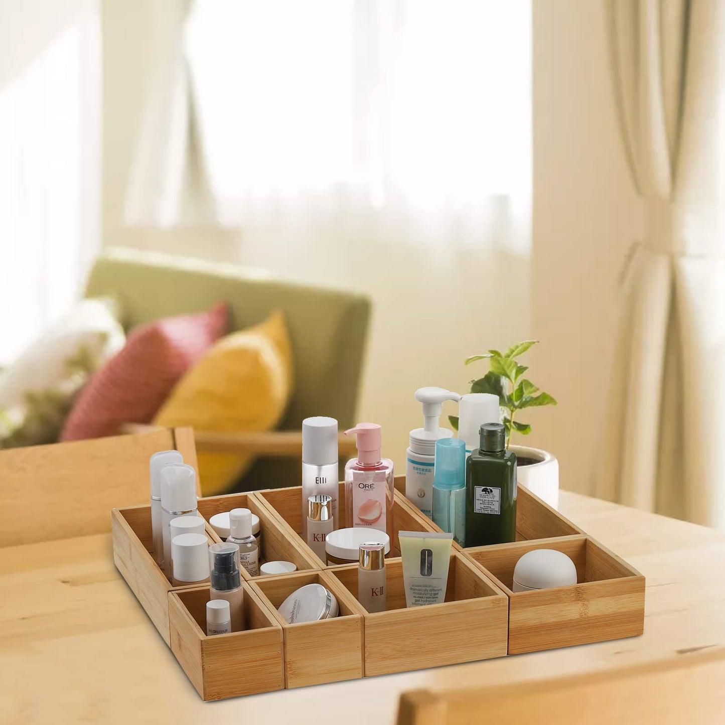 Lawei 8 Pieces Bamboo Drawer Organizer Boxes, Stackable Drawer Organizer Storage Tray 4-Size, Versatile Dividers Cutlery Holders Bins Containers for Kitchen, Bathroom, Office Desk, Makeup, Jewelry
