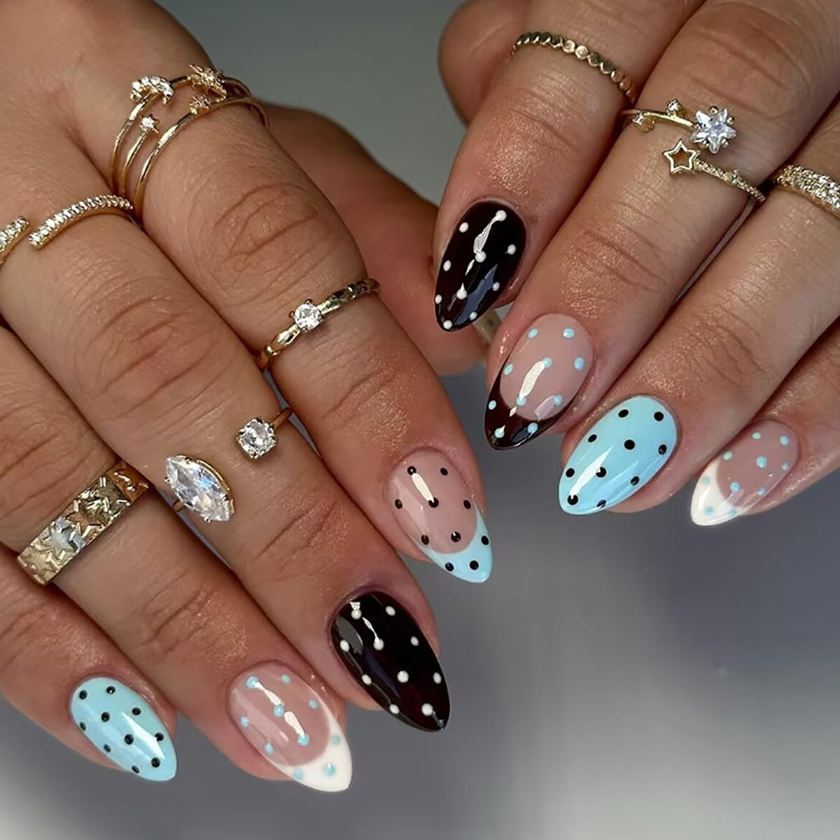 Short Polka Dot Press on Nails Almond Chrome Nails press ons French Tip Fake Nails with Designs Black Blue False Nails Glossy Full Cover Nail Tips Acrylic Artificial Stick on Nails for Women 24PCS