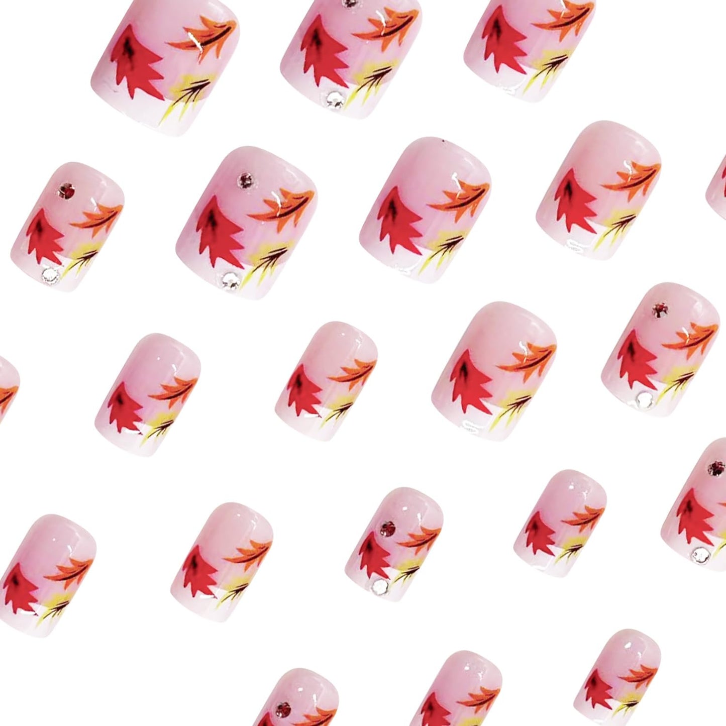 Thanksgiving Press on Short Nails Square Shaped Acrylic Glossy Full Cover Square Fall False Nails with Maple Leaf Designs Artificial Autumn Leaves Glue ons Square Fake Nails for Women Girls(YS05)