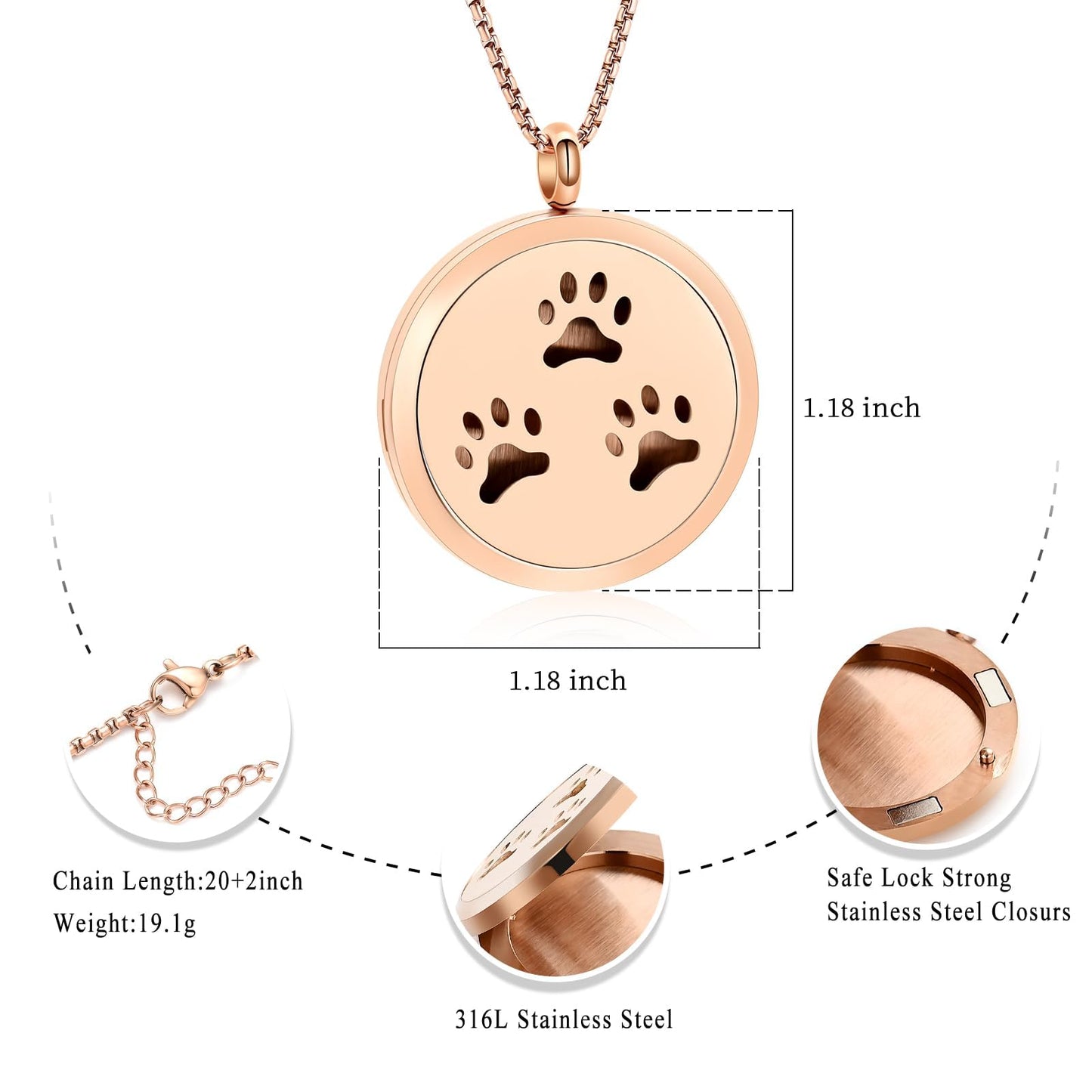 Minicremation Stainless Steel Paw Print Round Perfume Essential Oil Diffuser Pendant Necklace Women Aromatherapy Essential Oil Diffuser Locket Pendant Necklace, with Refill Pads