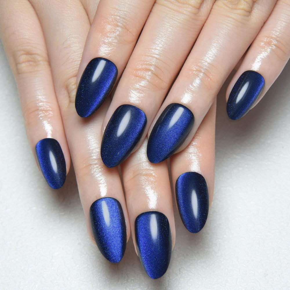 evpct Dark Blue Press on Nails Almond Short, Royal Blue Cat Eye Glitter Press on Nails for Women Gift, Soft Gel Press Stick on Nail with Nail Kit, Full Cover, 30Pcs Reusable Acrylic Fake Nails Kit