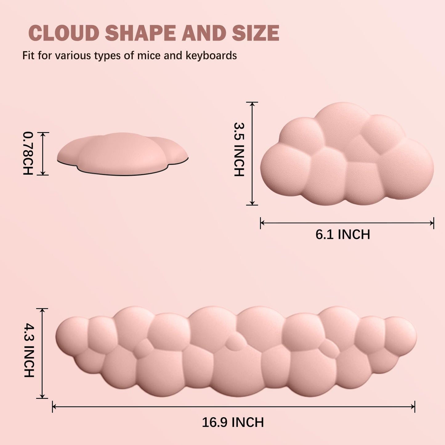 Lauspuck Cloud Keyboard Wrist Rest Mouse Pad Set, PU Leather Memory Foam Wrist Cushion Support, Mouse Wrist Pad, Non-Slip Wrist Support for Home, Office, Light Pink Cloud