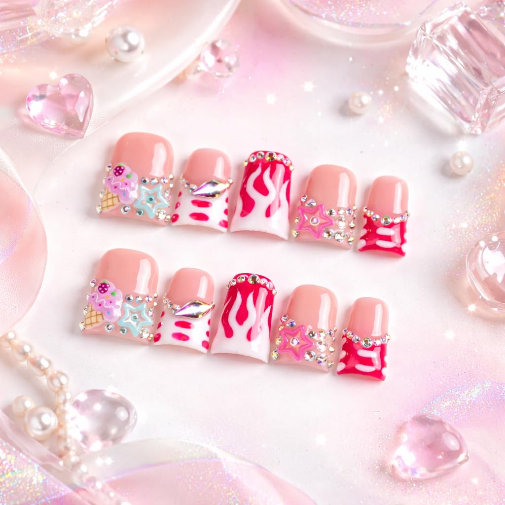 IntoVibes 10 Pieces Luxury Acrylic Press On Nails Short Handmade Duck Nails, Pink Thickened False French Nails, Flame And Rhinestone, Reusable Fake Nails, Glow-in-the-dark Nails (L)