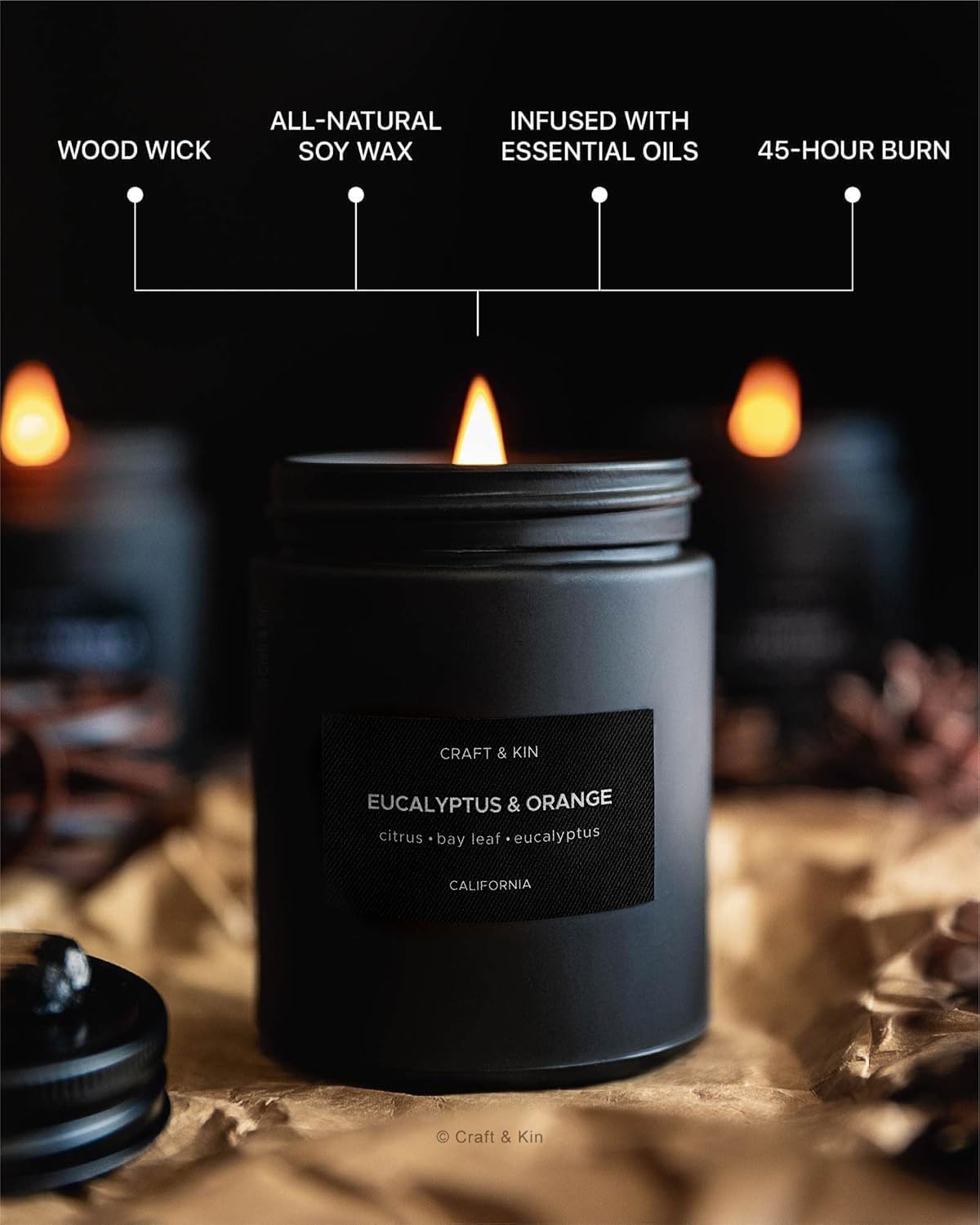 Craft & Kin Premium Orange & Eucalyptus Candle | Black Scented Candles for Home | Long Lasting with 45 Hour Burn Time, 7.6oz | Soy Candle | Aromatherapy at Home | Gifts for Men