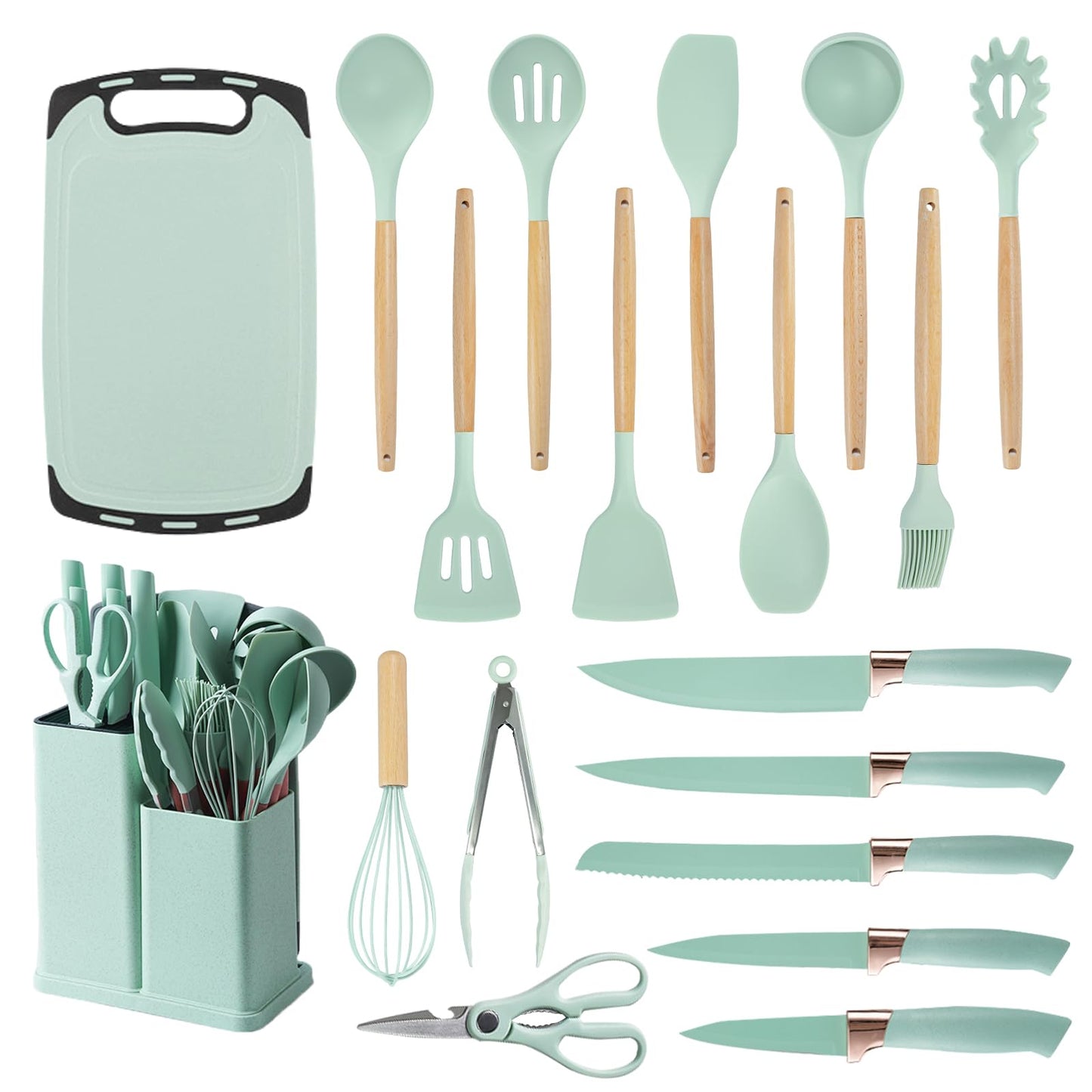 Cooking Utensils Set - 19 Piece Set with 11 Spatulas, 6 Sharp Knives, Silicone Utensils & Cutting Board (Green)
