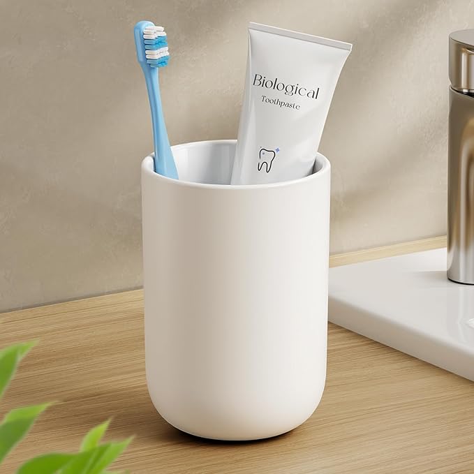 MOPMS Toothbrush Cup 13oz 380ml, Unbreakable Reusable Bathroom Tumbler 1Pc, Non-Slip Plastic Bathroom Cup Toothbrush Holders for Bathroom White