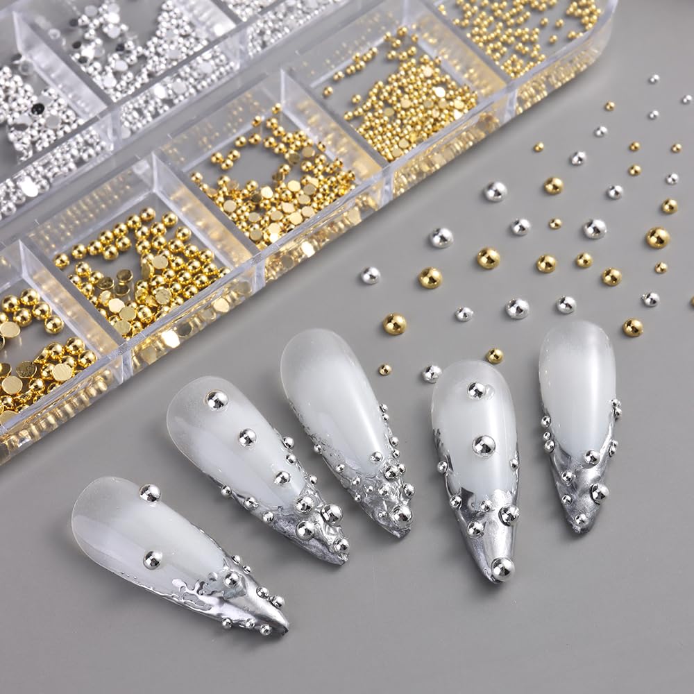 Silver and Gold Nail Charms and Gems, Mixed Sizes Half Round Flatback Stainless Steel Beads Metallic Caviar Beads Nail Rivets Studs Jewels with Tweezers Manicure Decorations DIY Crafts
