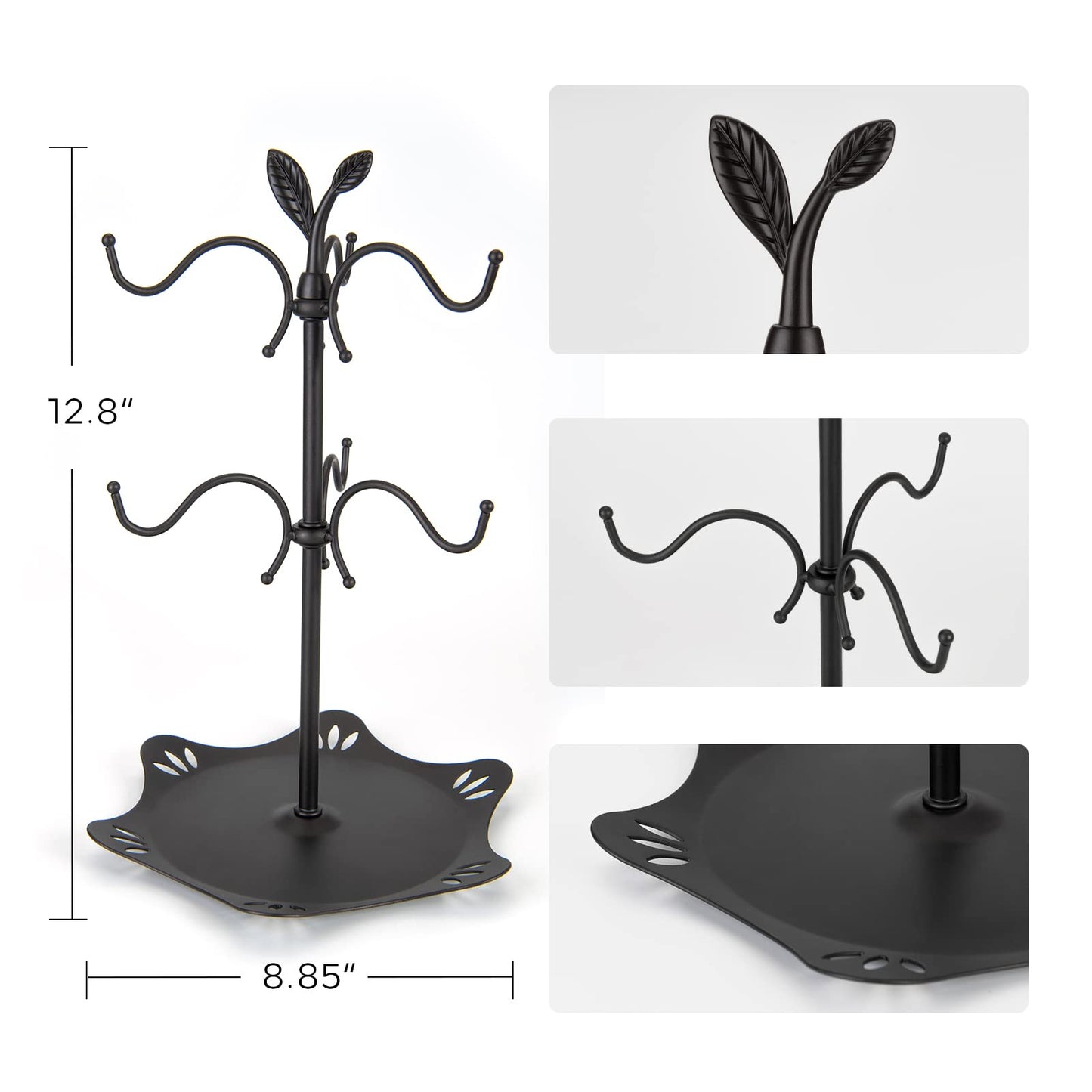 Coffee Mug Holder for Large Mugs, Mug Tree for Counter, Cup Holder for Countertop, Mug Rack with Tray, Metal Mug Tree with 6 Hooks, Coffee Counter Bar Accessory & Kitchen Home Organizer