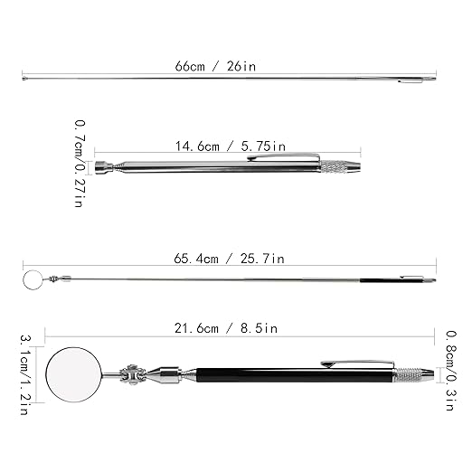 Telescoping Inspection Mirror with Pen Buckle, Tail with Needle, Magnetic，26 Inch Long Handle, Round Extendable Mirror on a Stick for Technicians Mechanics Contractors Checking Observation