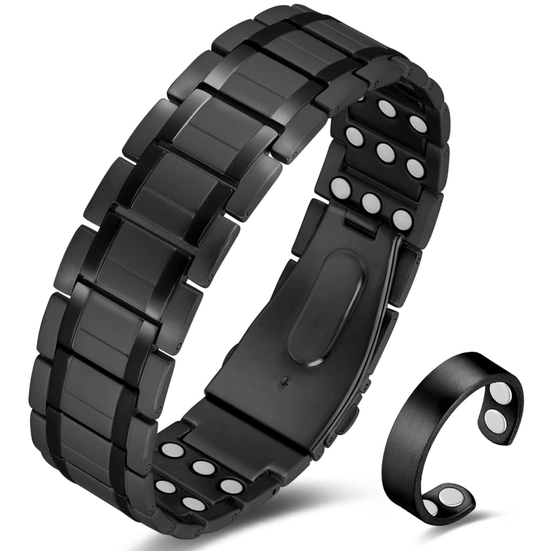 Cigmag 3X Magnetic Bracelets for Men Ultra Strength Magnets Upgrade Folding Clasp Titanium Bracelet & Copper Ring Adjustable with Sizing Tool (Black)