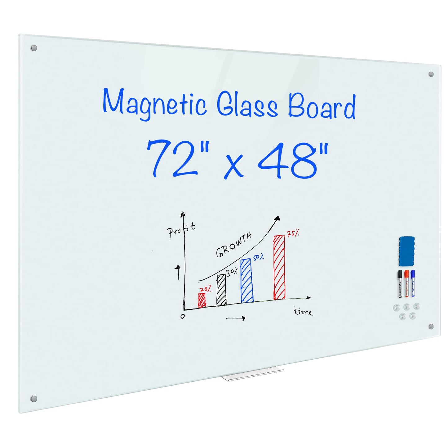 Magnetic Glass Whiteboard 6'x4', 72"x48" Glass Dry Erase Board for Wall Mounted, Large Commercial Board Frameless for Office, Classroom & Home