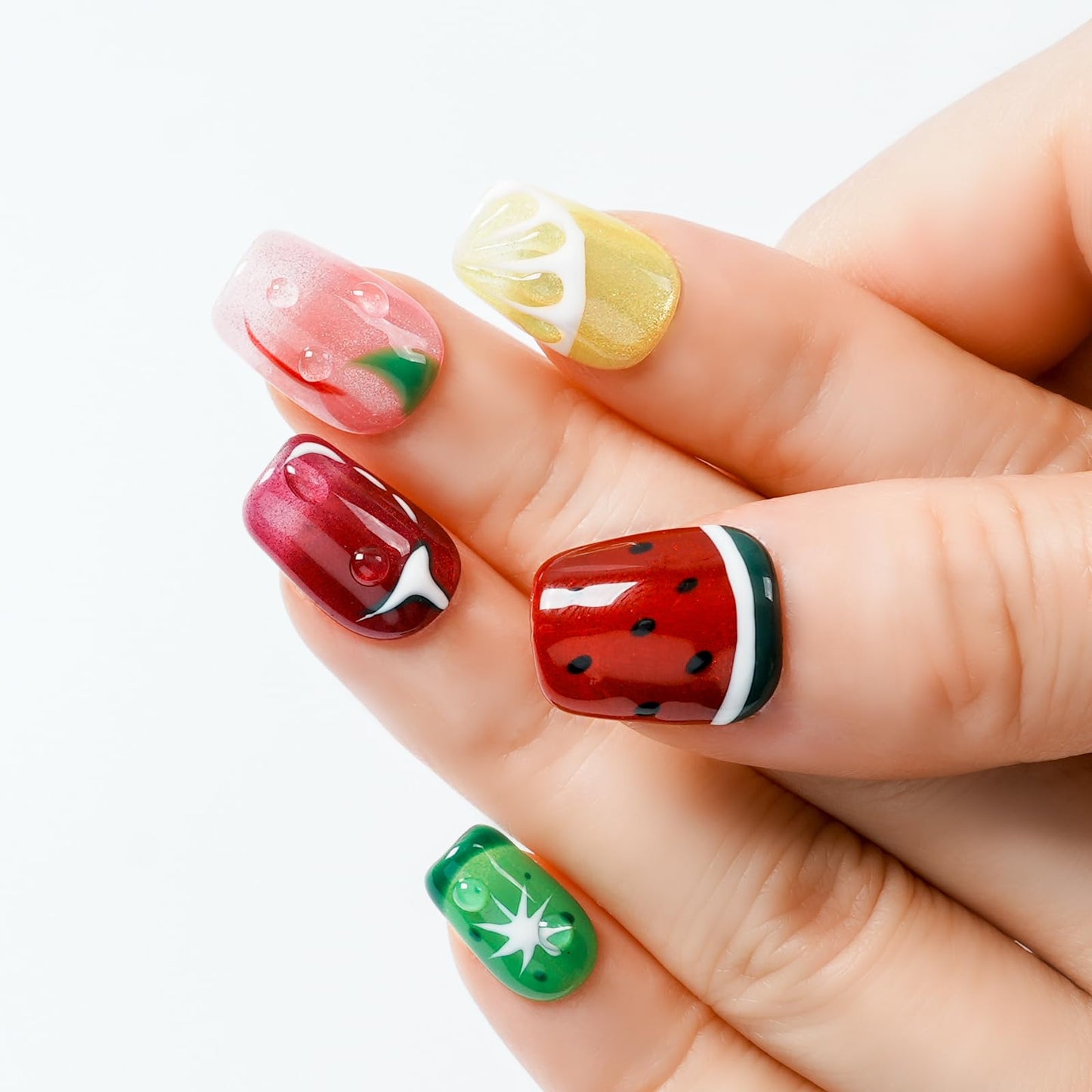 Tesytto Glitter Press on Nails Short Coffin Summer Fruit Nails Cateyes with 3D Water Drop, Hand-painted Watermelon & Lemon Art, Reusable Acrylic Full Cover Fake Nails, 10pcs (Fruit Party,M)