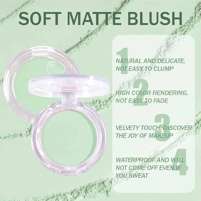 Matte Powder Blush for Cheeks – Long Lasting Natural Face Blusher Makeup, Lightweight Blendable Cheek Color for Women, Vegan & Cruelty-Free – #09 Light Cyan Green