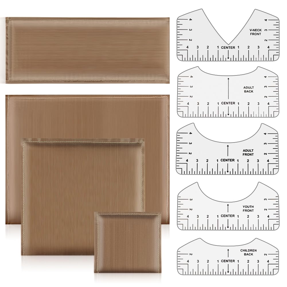 Heat Press Pillow Mat 9 Pcs in 1 Kit, 4 Sizes Heat Pressing Transfer Pillow and 5pcs Tshirt Ruler Guide for Vinyl, Teflon Pillow Sublimation Printing, Heat Resistant Pressing Pillows for Screen Print