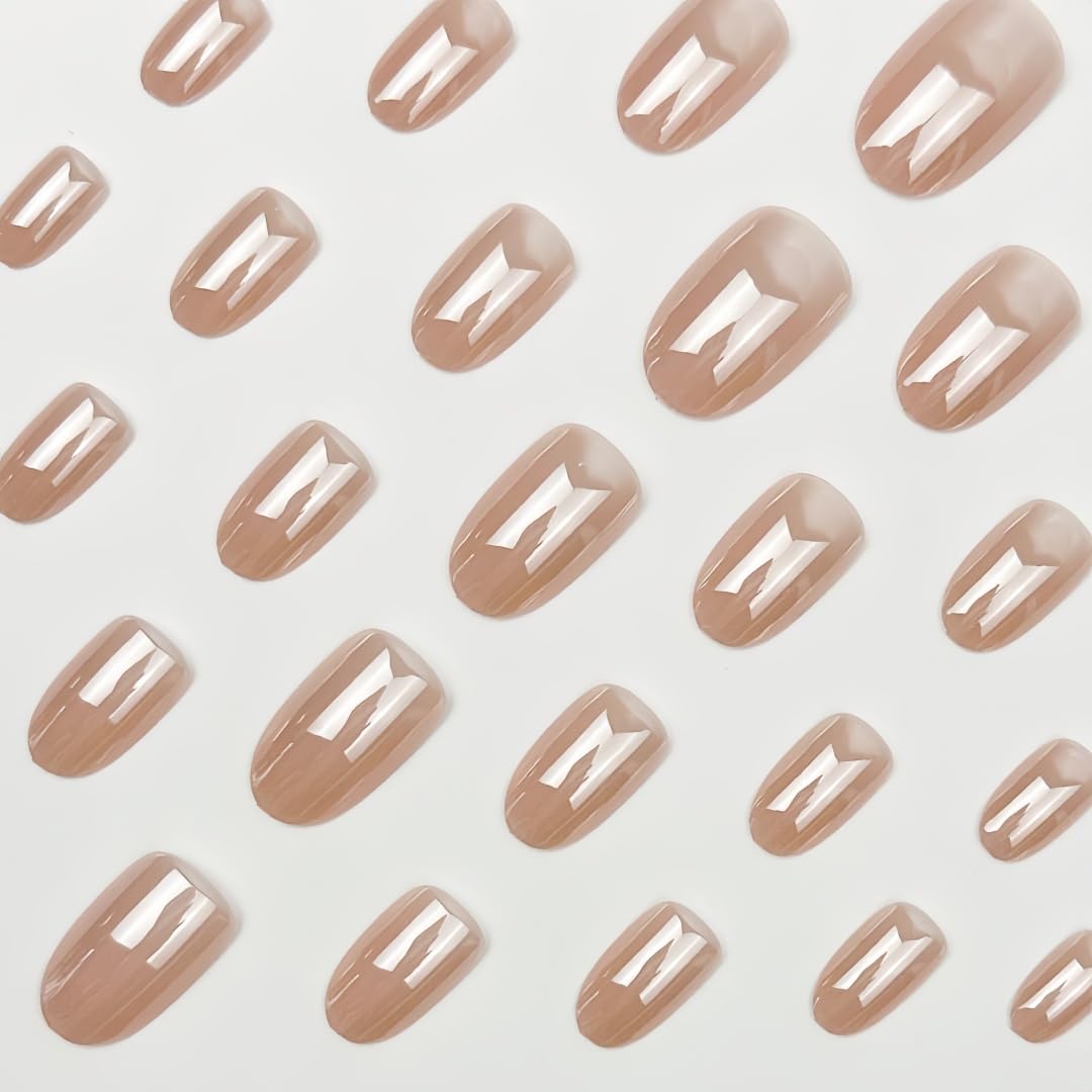 KQueenest Chrome Nude Press On Nails Short Oval, Glitter Fake Nails Press ons with Mirror Effect, Sparkly Pearlescent Glue on Nails Short Almond, Reusable Soft Gel Stick On Nails for Women Wedding