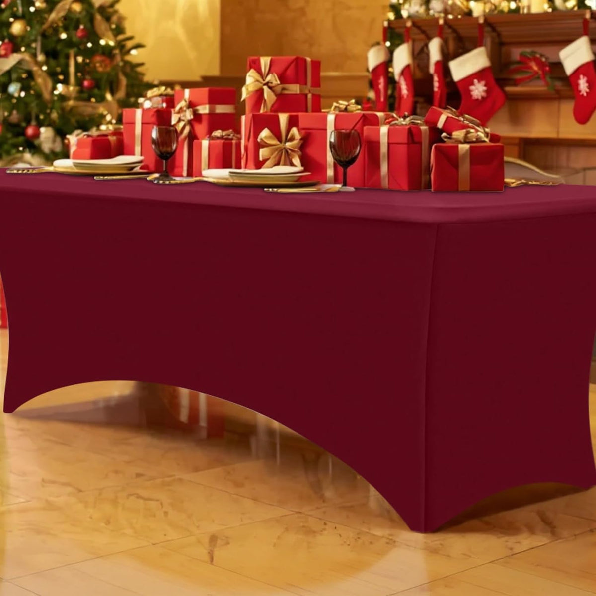 Smiry 2 Pack Spandex Table Cloth 8FT, Elastic Fitted Stretch Tablecloths, Washable and Wrinkle Free Rectangular Patio Table Cover for Outdoor, Wedding, Banquet & Parties (Wine Red, 96Lx30Wx30H Inch)