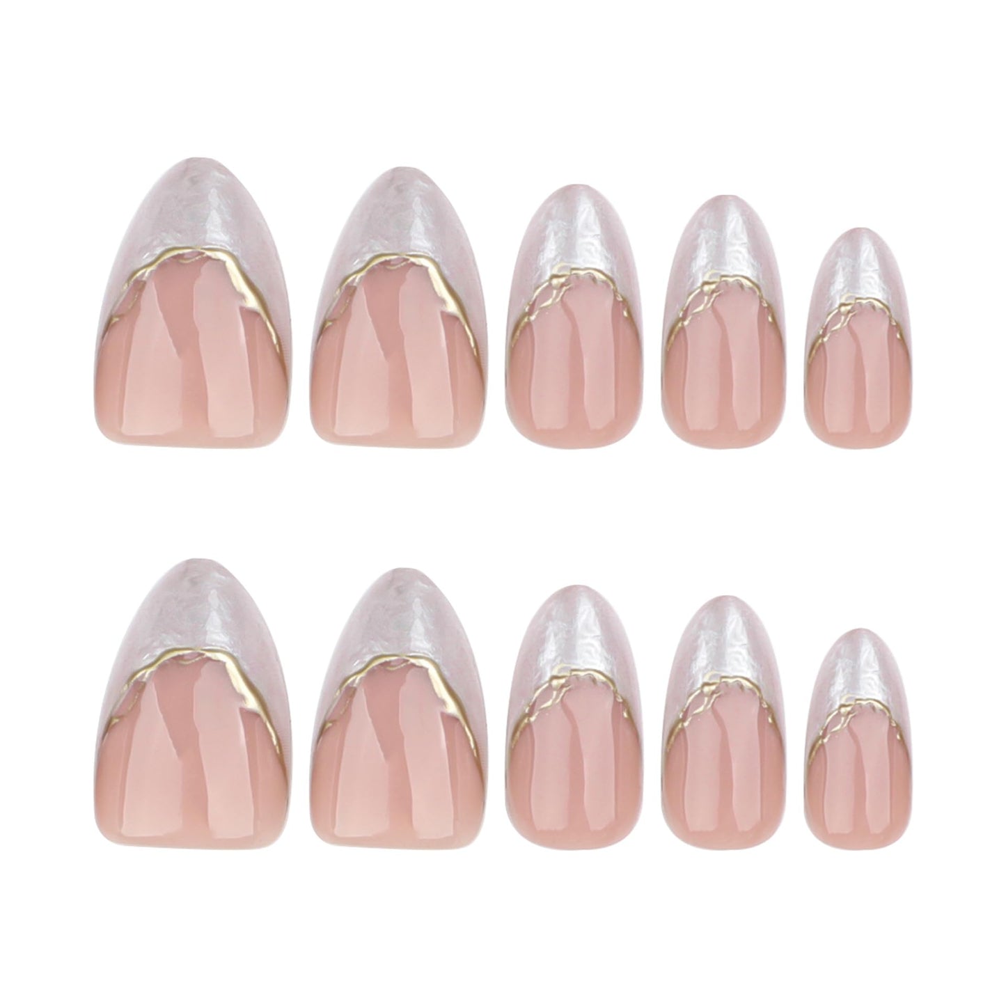 24Pcs Almond Press on Nails Medium White Smudge Fake Nails French Tip Acrylic False Nails with Gold 3D Stripe Designs Nude Pink Glue on Nails Reusable Fake Nails for Women
