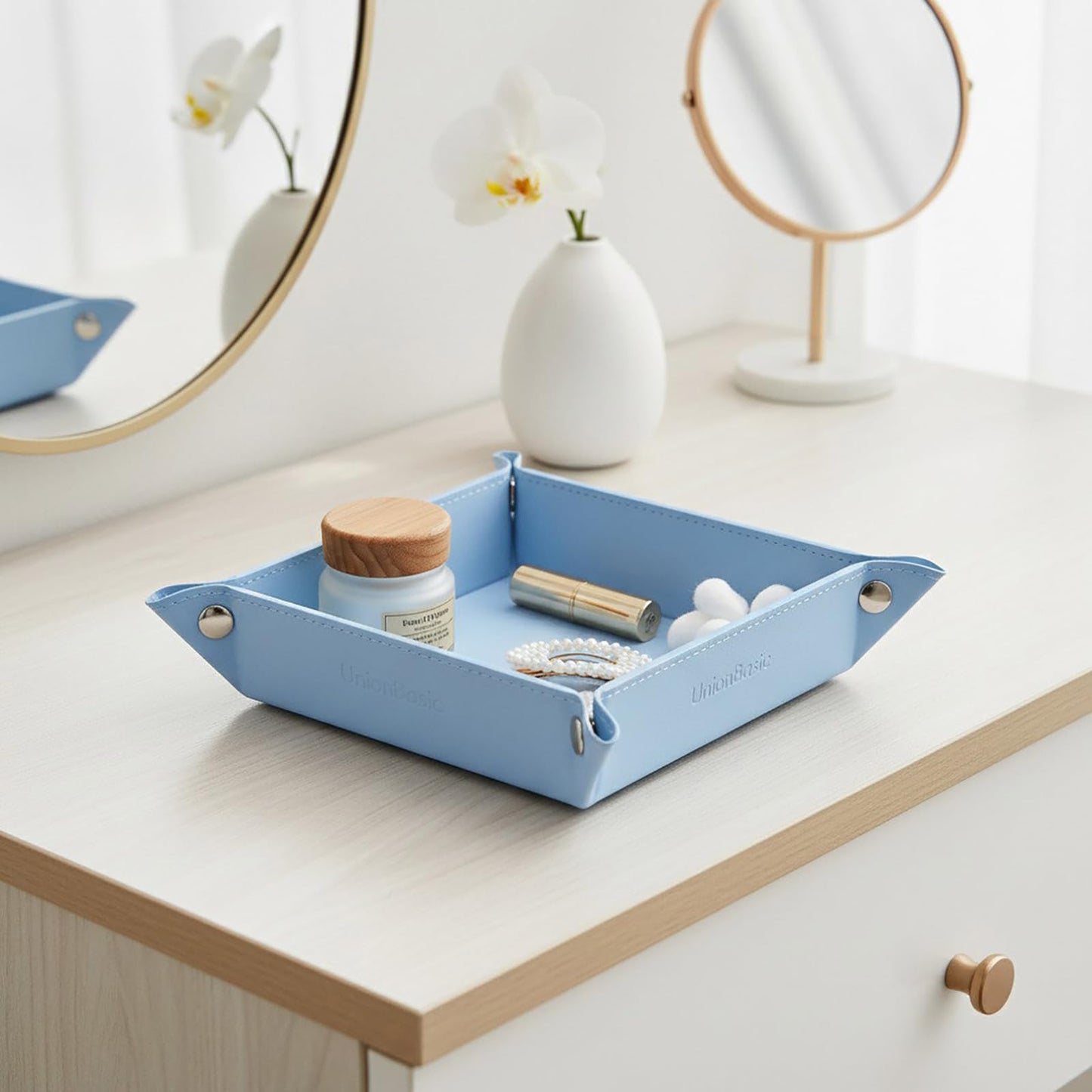 UnionBasic Small Valet Tray, Jewelry Tray for Rings Watches Earrings, Entryway Catchall Caddy for Coins Keys Change, Nightstand Bedside Valet Holder, Trays for Electronic Gadgets, Blue