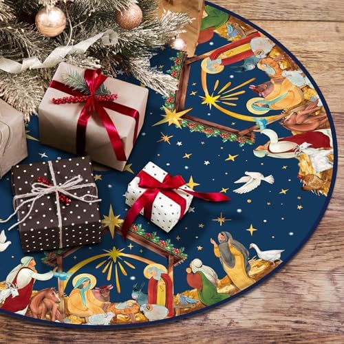 Christian Christmas Tree Skirt Religious Jesus Nativity Scene Xmas Tree Mat Navy Blue Christmas Holiday Jesus Indoor Outdoor Party Decor (48 Inches)