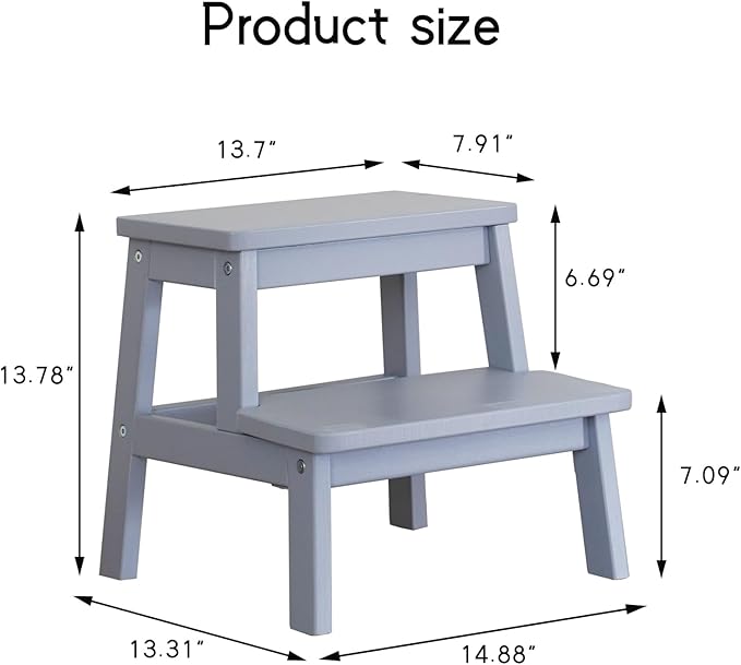 Adult & Child Wooden Two Step Stool ，Stepping Stool，Kids Step Stool Kitchen Step Stools for Bathroom– Perfect for Kitchen, Bathroom, Bedrooms & More (Grey)