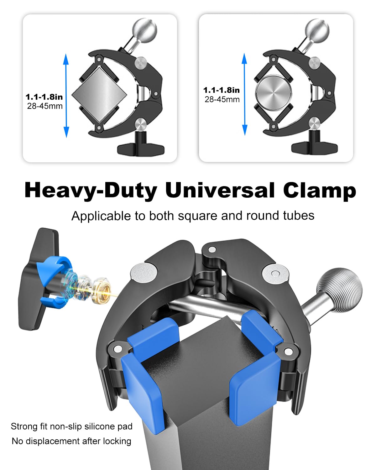 Kolasels Clamp Tablet Holder & iPad Clip for Square and Round Tubes, Heavy Duty Metal Tablet Mount for Golf Carts, Tractor, Excavator, Bulldozer, Loader, Crane, Forklift, Boat, Fit for 4-13" Devices