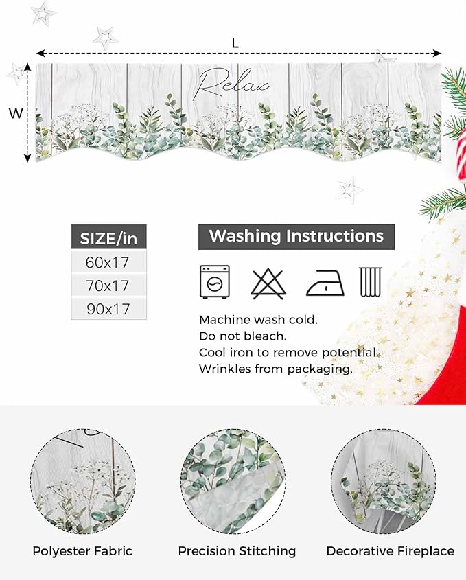 Green Eucalyptus Leaves Fireplace Mantel Scarf Table Runner, Summer Botanical Vintage Wooden Winter Garland Mantel Top Tablerunners Dresser Scarves Decorations for Windows Party Living Room 60''x17''