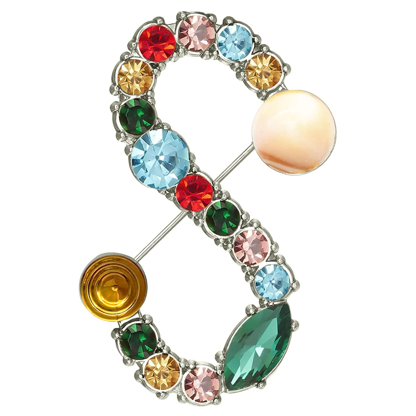 XGALBLA Letters S Plated Metal Stone Clear Colorful Crystal Lapel Pin Brooches Collar(Silver Tone)