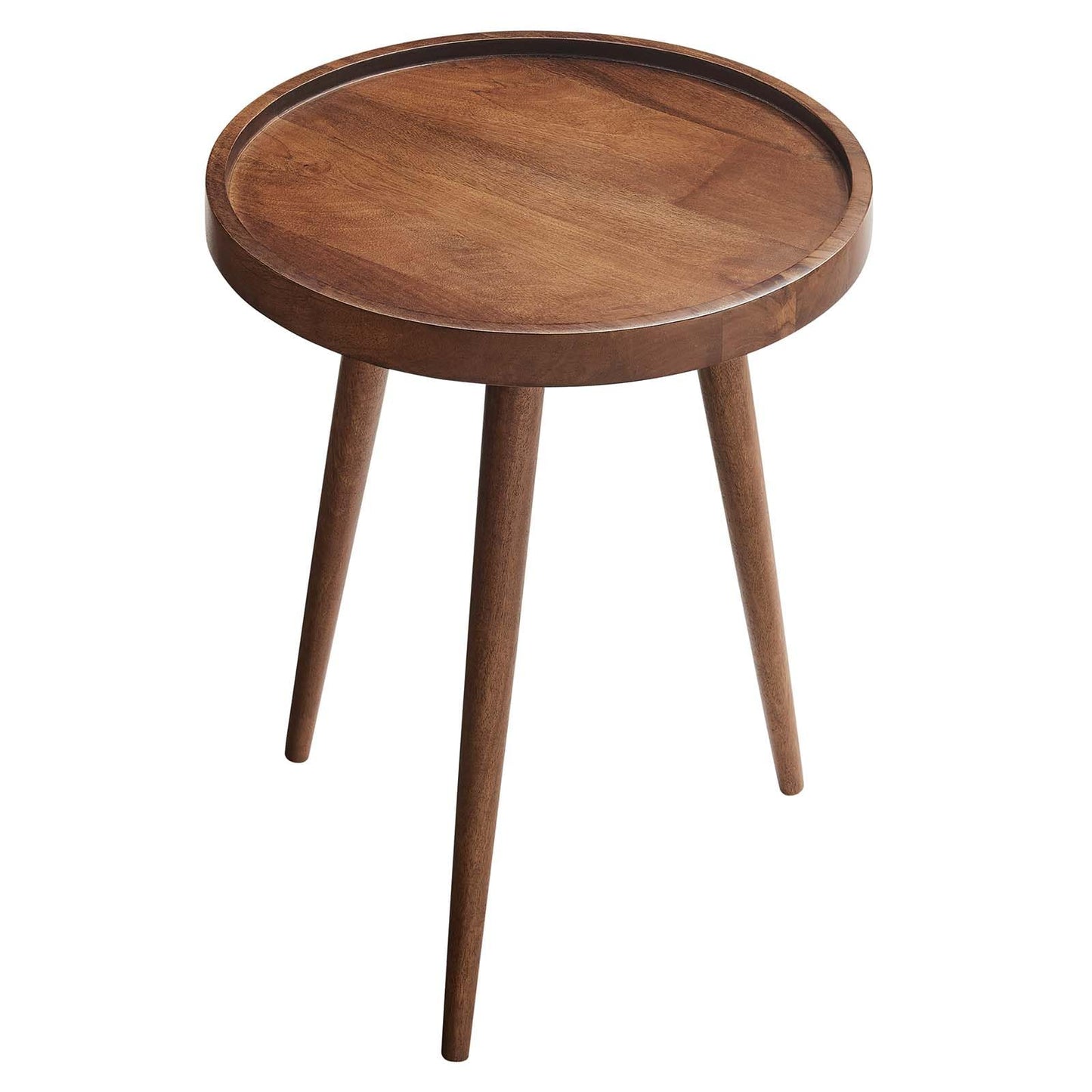 Modway Chiro Solid Wood Side Table in Walnut with Tray Top - Mid-Century Modern Round Accent Table - Small Bedside Table with Tapered Legs - Living Room End Table