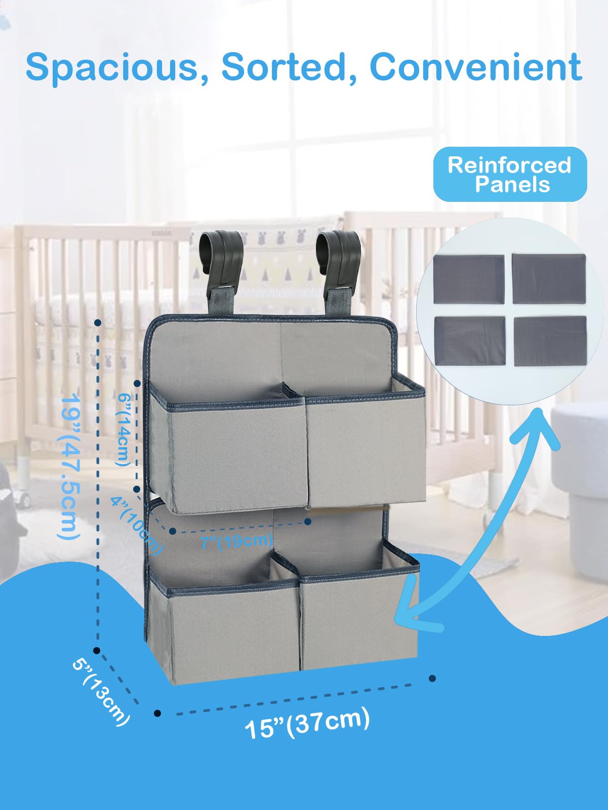 KIKJOK Hanging Diaper Organizer for Crib/Playpen/Bassinet – Hold 80+ Diapers - 4 Deep Pockets-H19in x L15 in Changing Table Diaper Holder - Hanging Diaper Storage Stacker Nursery Caddy - Gray