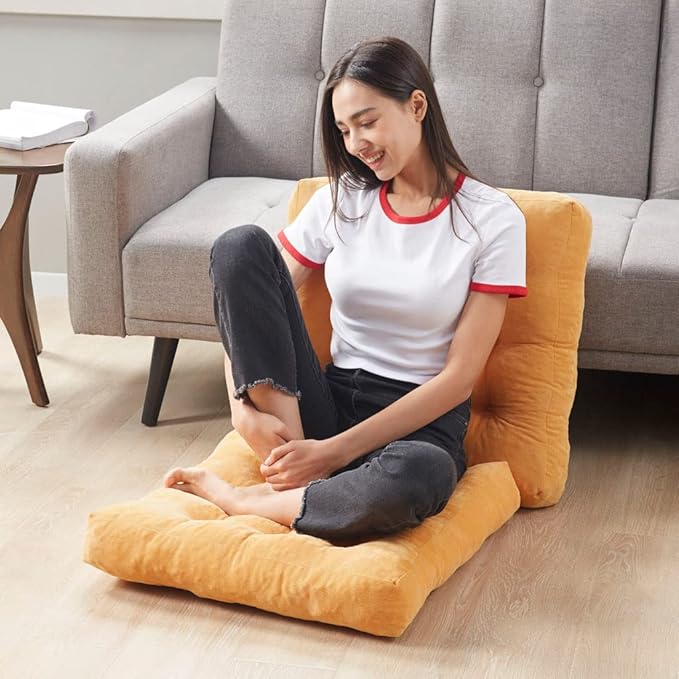 Degrees of Comfort Meditation Floor Pillow Set of 2, Square Large Pillows Seating for Adults, Tufted Corduroy Cushions for Balcony Outdoor Tatami Living Room, Orange Yellow, 22x22