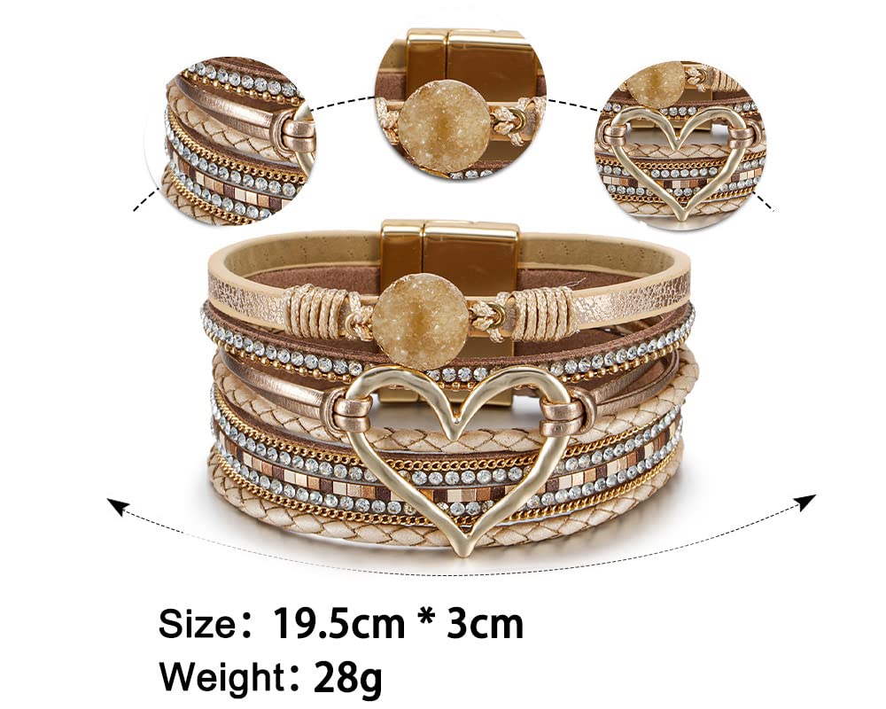 Leopard Bracelet for Women, Boho Leather Wrap Multi-Layer Pearl Crystal Bracelet Bangle Jewelry (Heart Leather1)