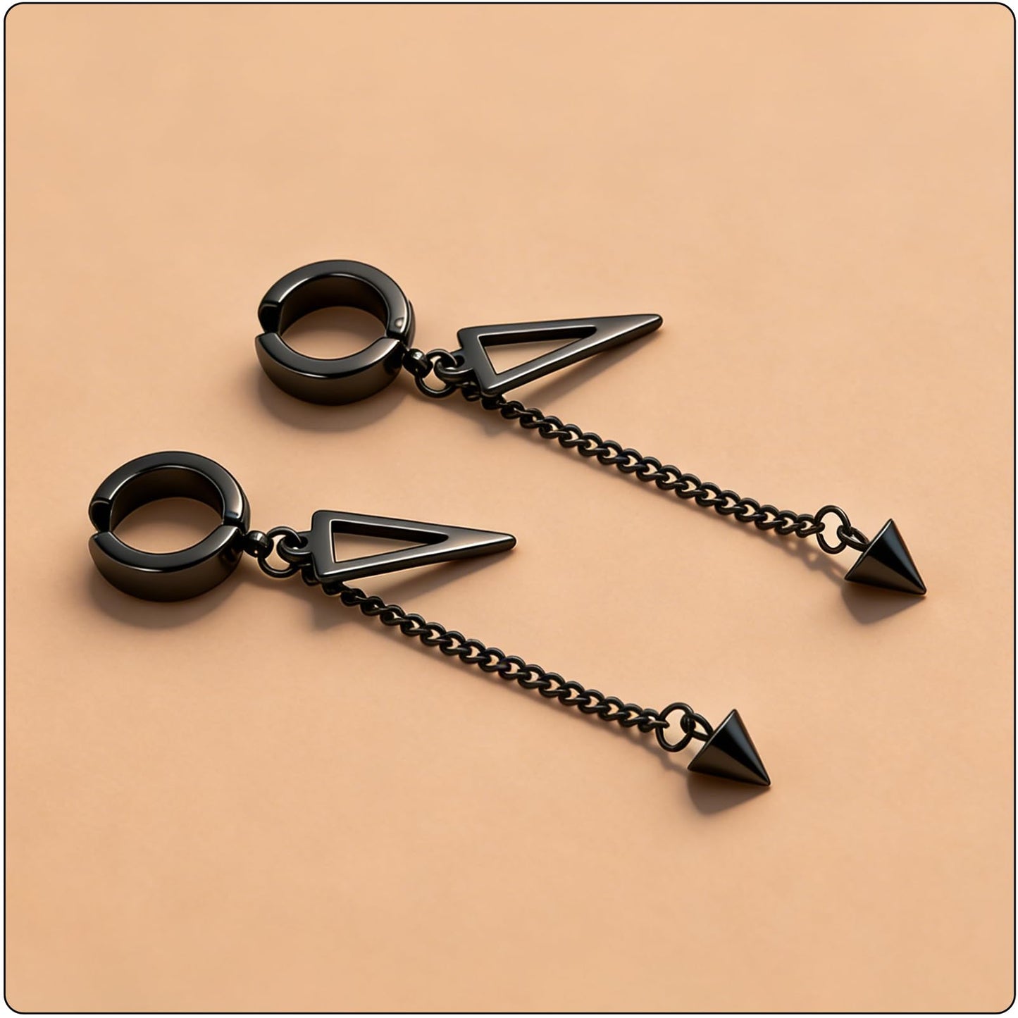 Fusamk Punk Rock Stainless Steel Triangle Ear Clip Earrings Spike Long Chain Dangle Earrings(Black)