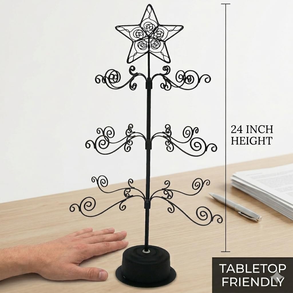 HOHIYA 24” Rotating Ornament Display Tree Stand 36 Hooks Metal Tabletop Display Rack for Christmas Ornaments Halloween Decor Craft Show Display Heavy Duty Black