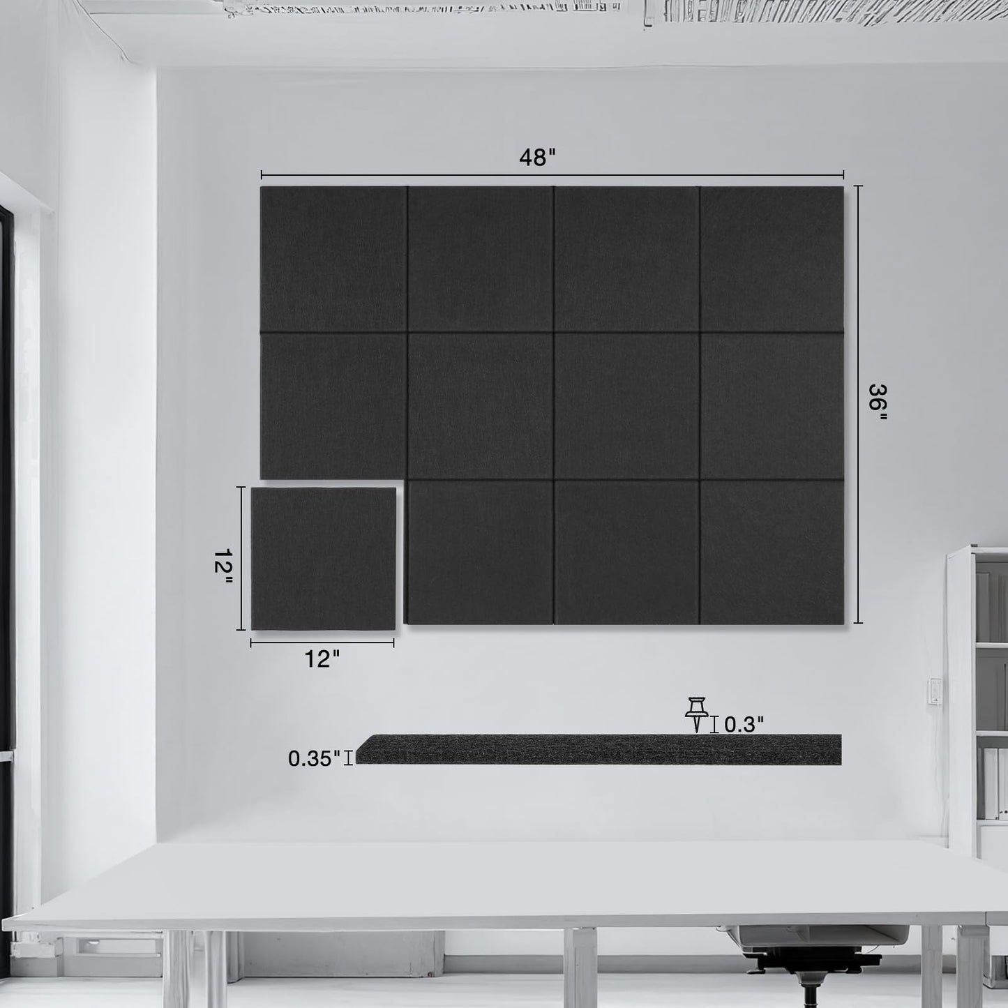 Large Cork Boards for Walls, 48" x 36", 12 Pack Bulletin Boards Alternative, Cork Board for Office, Black Felt Wall Tiles, with Removable Nano-Adhesive and Pushpins