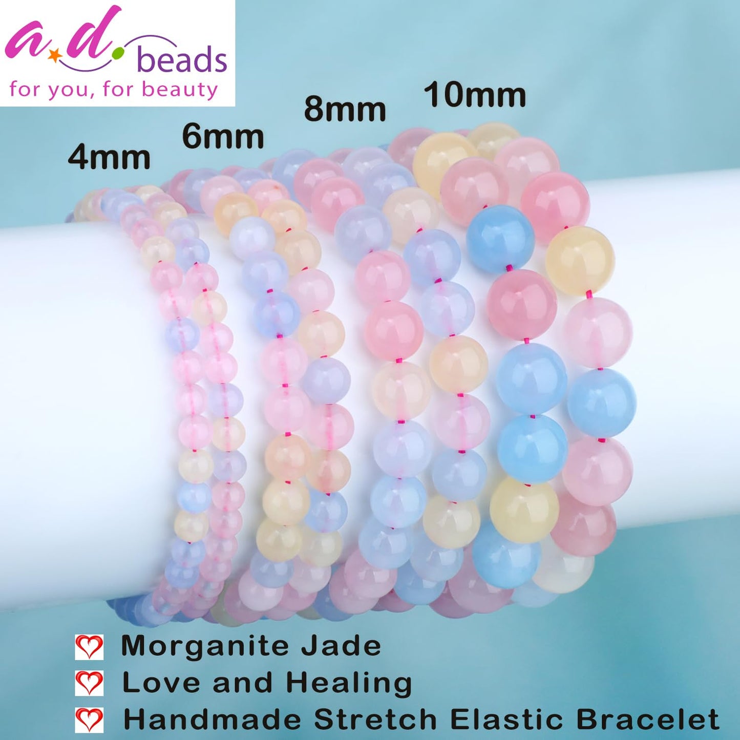 AD Beads 4mm Handmade Morganite Jade Elastic Bracelet – Natural Gemstone for Joy & Positivity – Meditation, Yoga, Healing and Energy Gift for Men Women