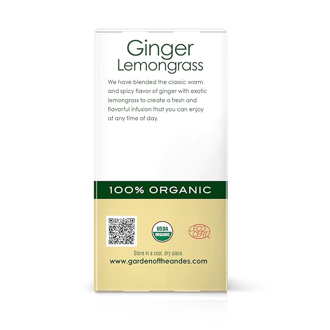 Garden of the Andes - Organic Ginger Lemongrass Tea - 20 Tea Bags/Box, Pack of 6 (120 ct.) - Caffeine-Free Herbal Infusion - Supports Digestive Wellness & Calming Comfort