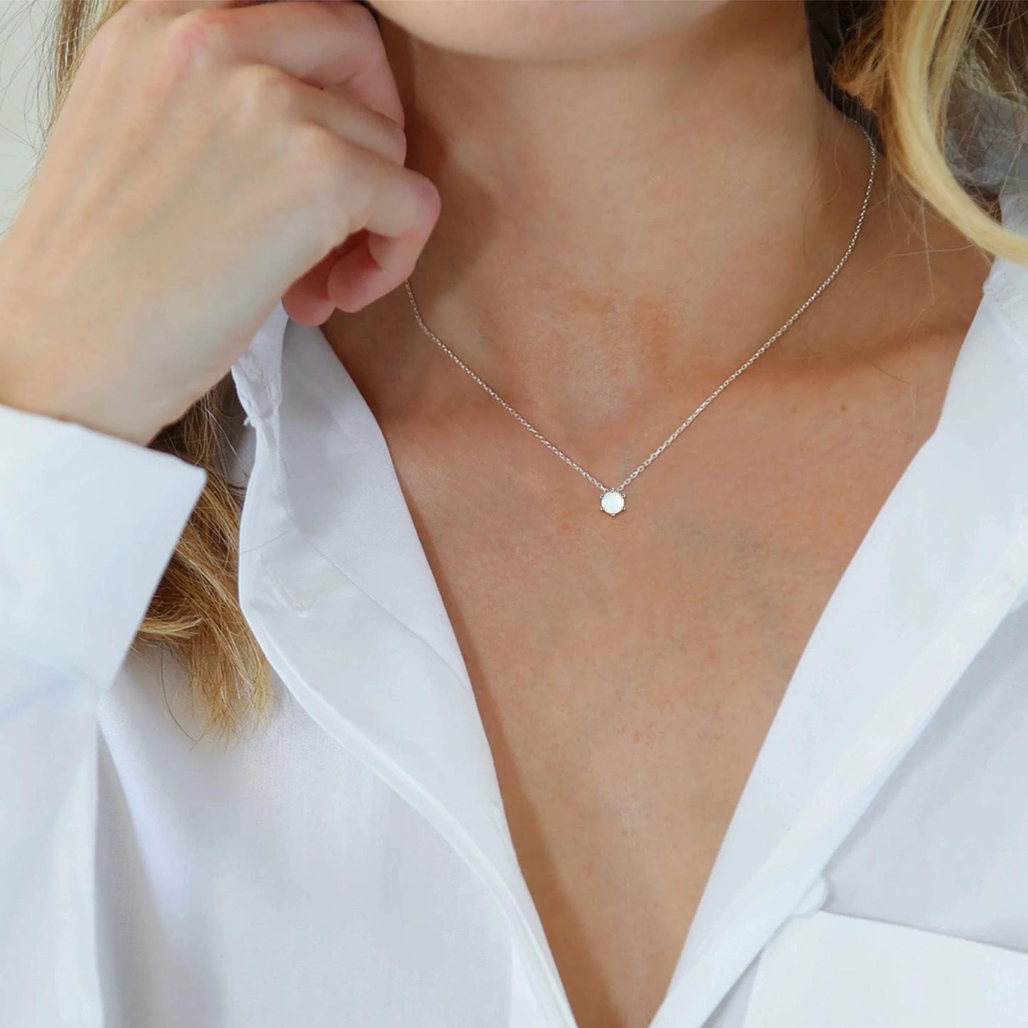 ChicSilver Created Opal Necklace 925 Sterling Silver Round Cut Gemstone Solitaire Pendant Necklace October Birthstone Jewelry for Women