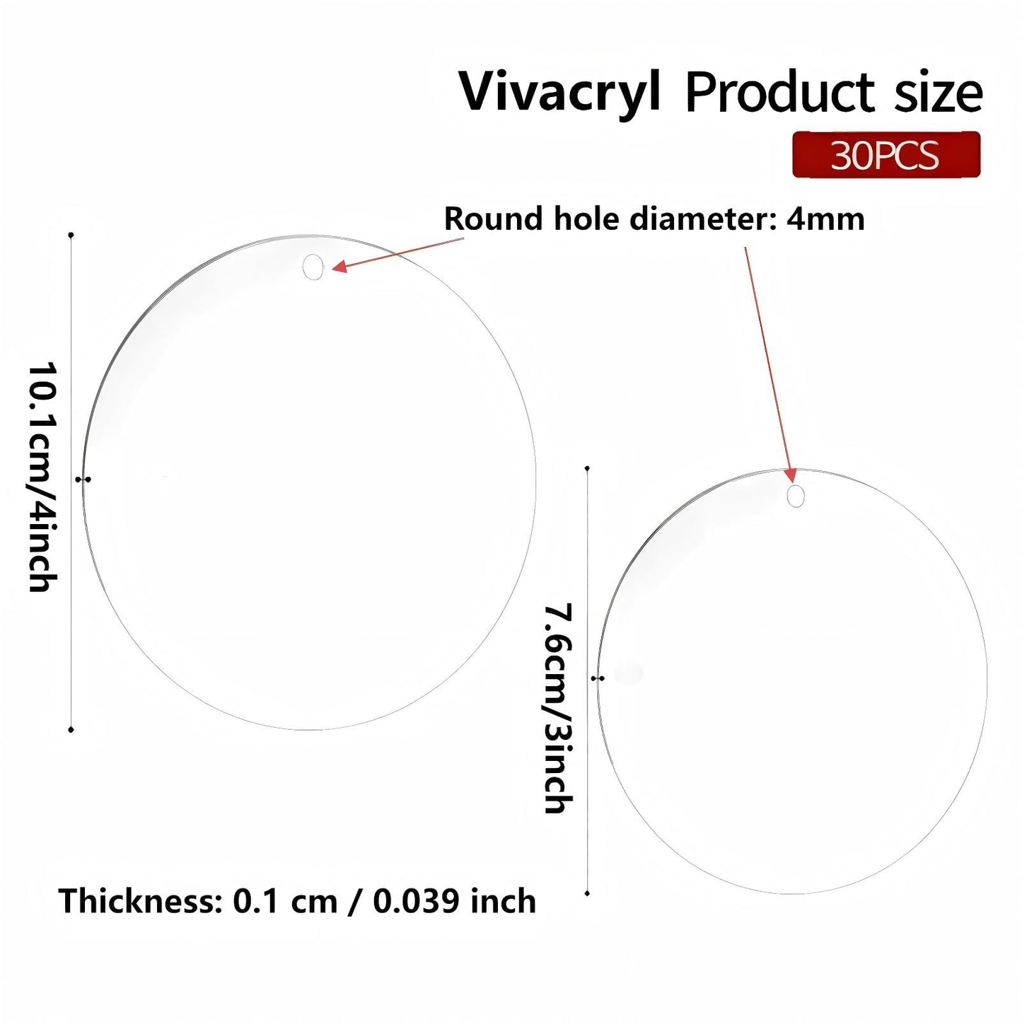 Vivacryl Clear Acrylic Ornaments Blank, 30 Pack Round Christmas Blanks, 4 Inch Diameter with Hole, Plastic Circles Disc for Holiday DIY Craft Decoration