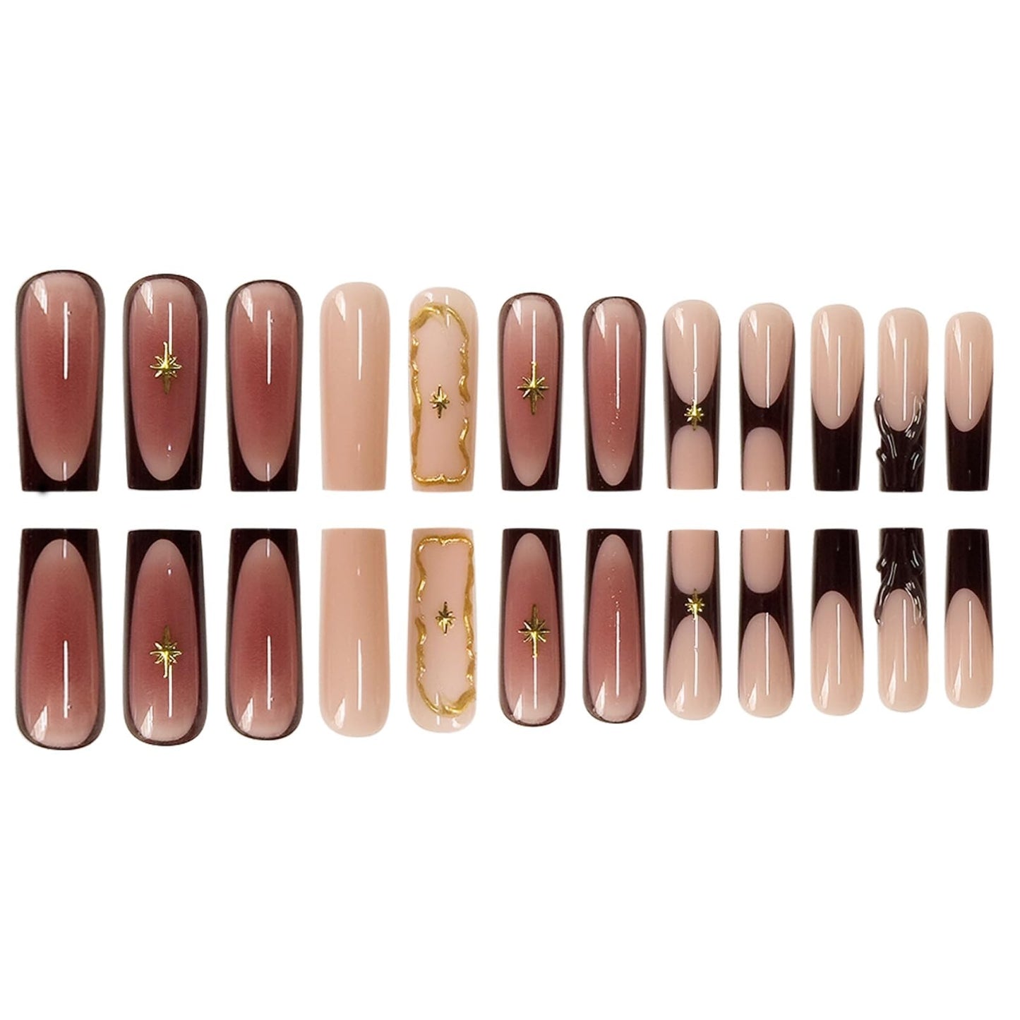 Long Press on Nails Square Fake Nails Brown False Nails French Artificial Nails Exra Long Nails with Gold Charm Designs XL Acrylic Nails Press ons Stick on Nails for Women 24pcs