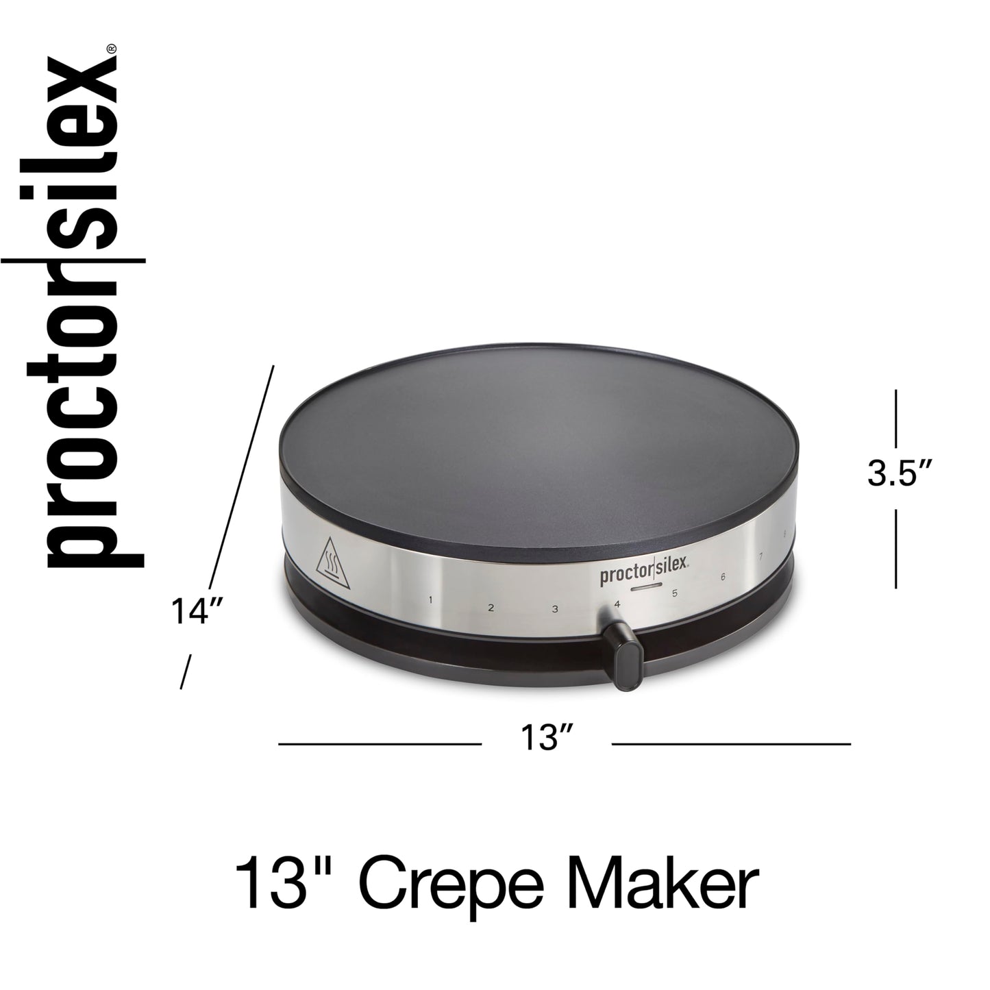 Proctor Silex Electric Crepe Maker with 13” PFAS-Free Nonstick Griddle for Eggs, Pancakes, Omelets and Quesadillas, with Temperature Control, Spatula, Spreader, Batter Cup, Stainless Steel (38400MN)
