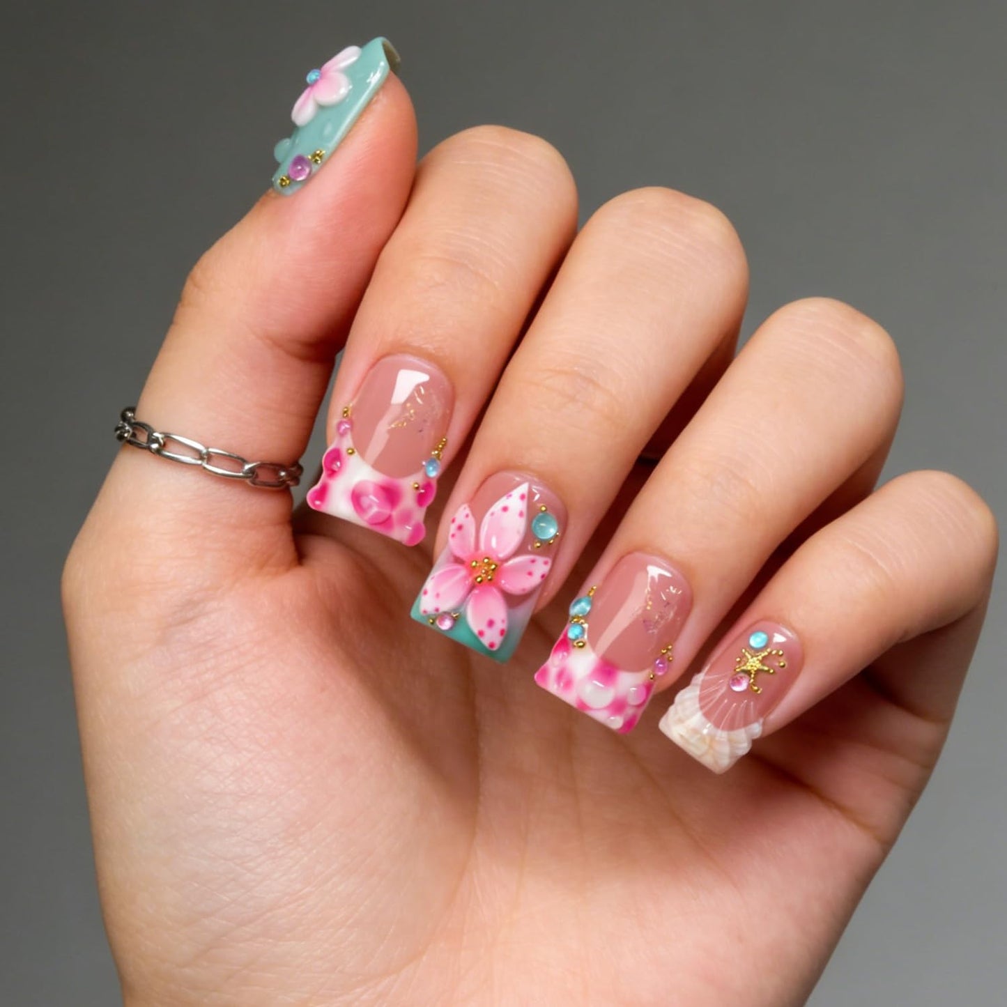 10 Pcs Handmade Press on Nails Duckbill Shape 3D Luxury Flower Acrylic Nails Summer Handmade Starfish Water Droplet Designs Short Fake Nails Thickened False Nail for Women (S)