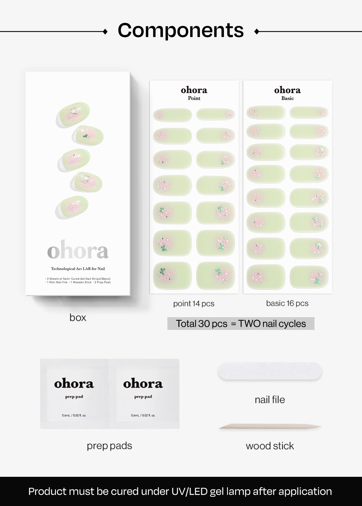 ohora Semi Cured Gel Nail Strips (N Guava Glint) - Works with Any Nail Lamps, Salon-Quality, Long Lasting, Easy to Apply & Remove - Includes 2 Prep Pads, Nail File & Wooden Stick