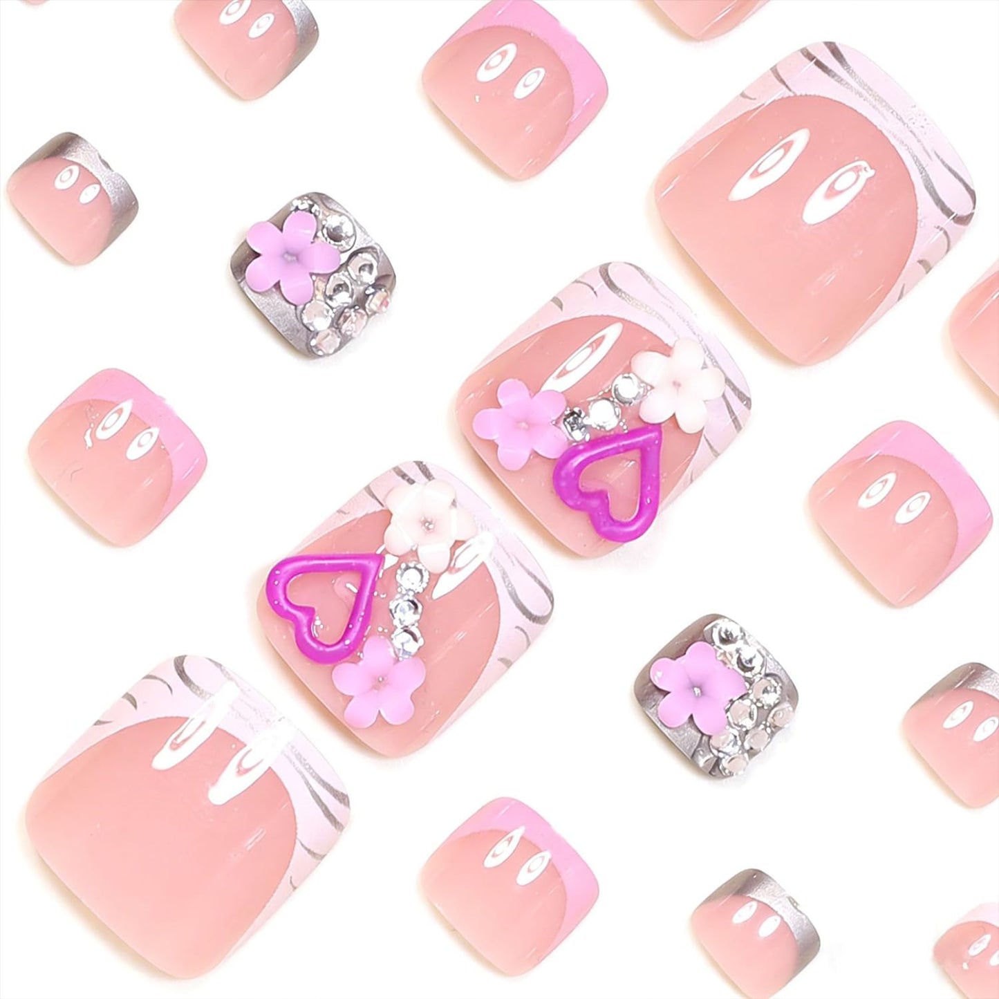 3D Heart Flower Press on Toenails Summer False Toenails French Tip Toe Nails Rhinestones Toe Nails for Women