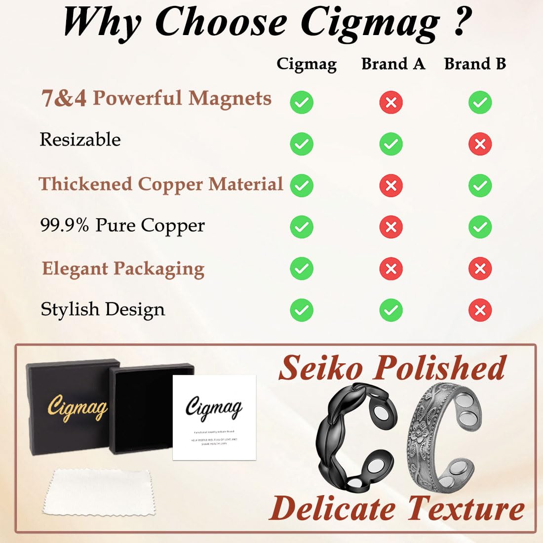 Cigmag 7X Copper Rings for Women 99% Solid Pure Copper Ring Adjustable with Present Box (2PCS Black)